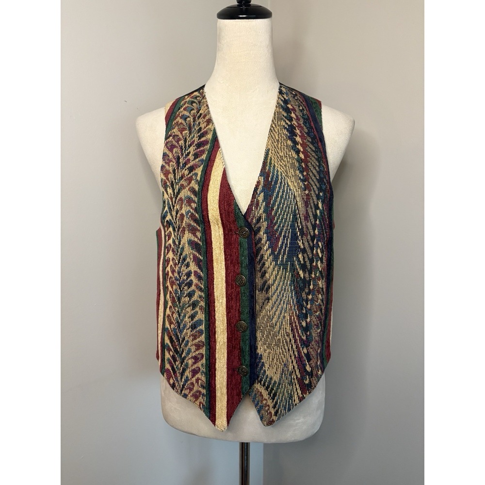 VTG Nadia Tapestry Vest Italian 90s Embroidered Button Up Art Boho USA Medium